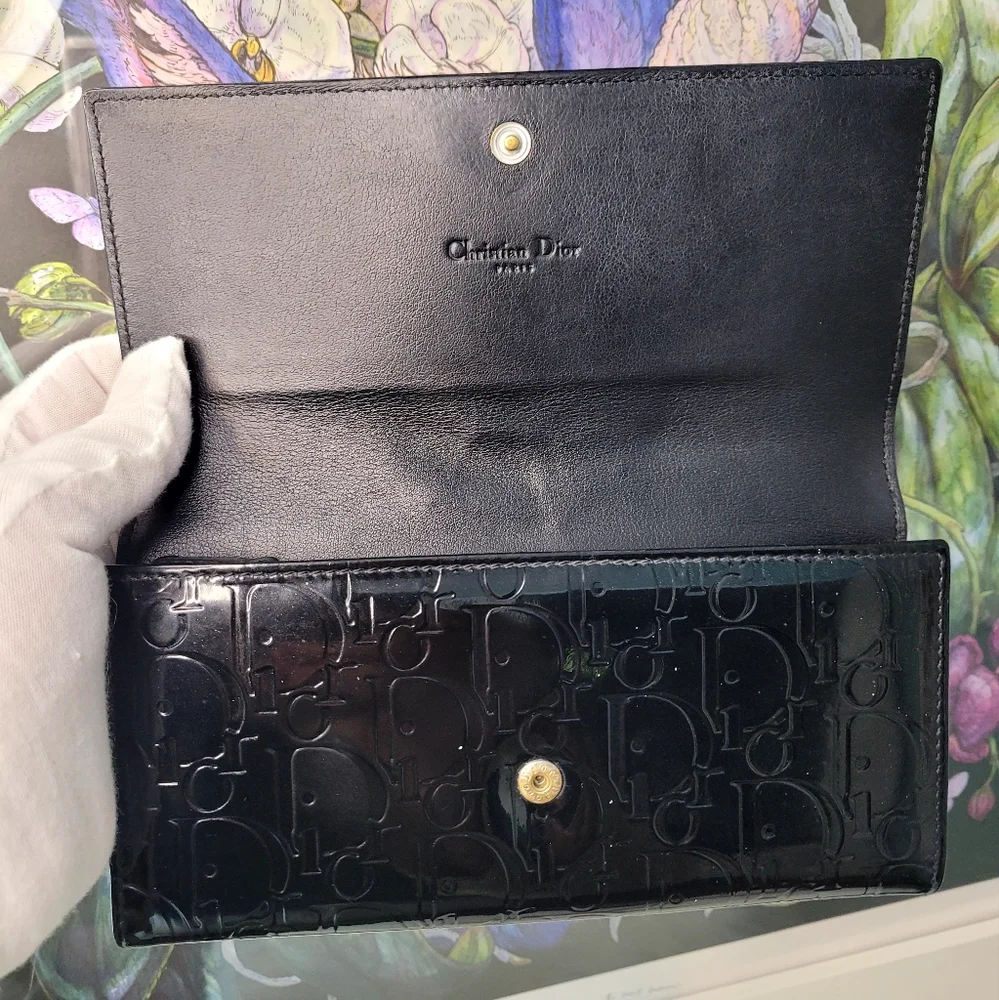 Dior oblique black patent continental leather wallet